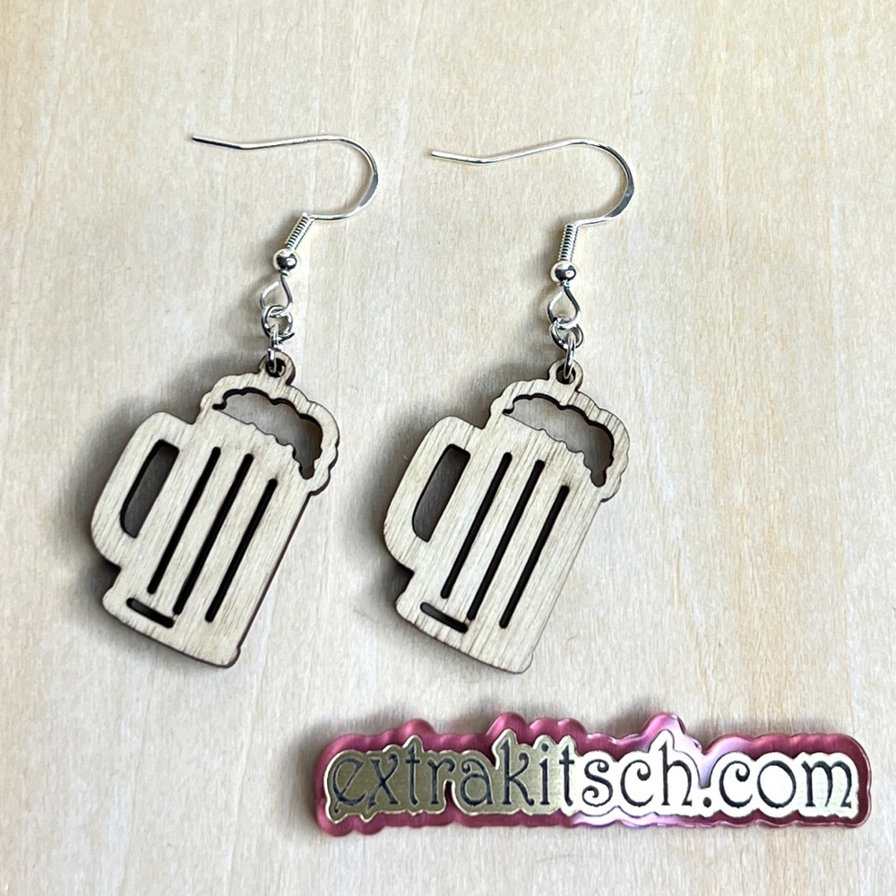 Beer Mug Earrings – Wooden Brewery Dangle Earrings for Beer Lovers